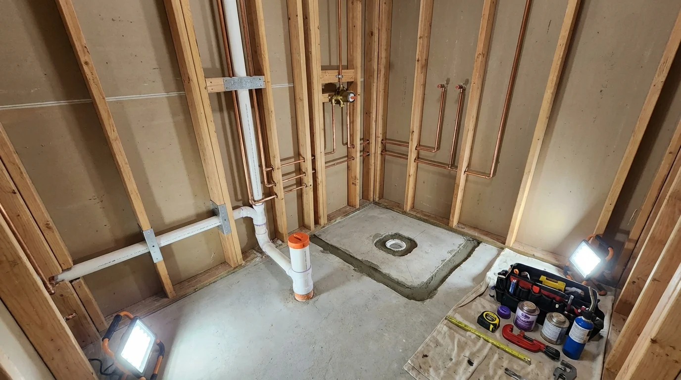 Bathroom rough-in plumbing during remodel by Johns Plumbing LLC in Crawfordsville