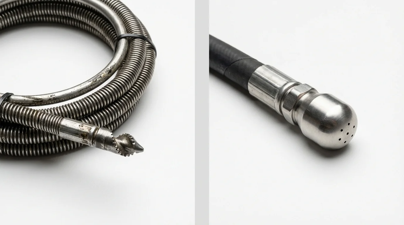 Drain snake cable and hydro jetting nozzle used for drain cleaning in Crawfordsville, IN