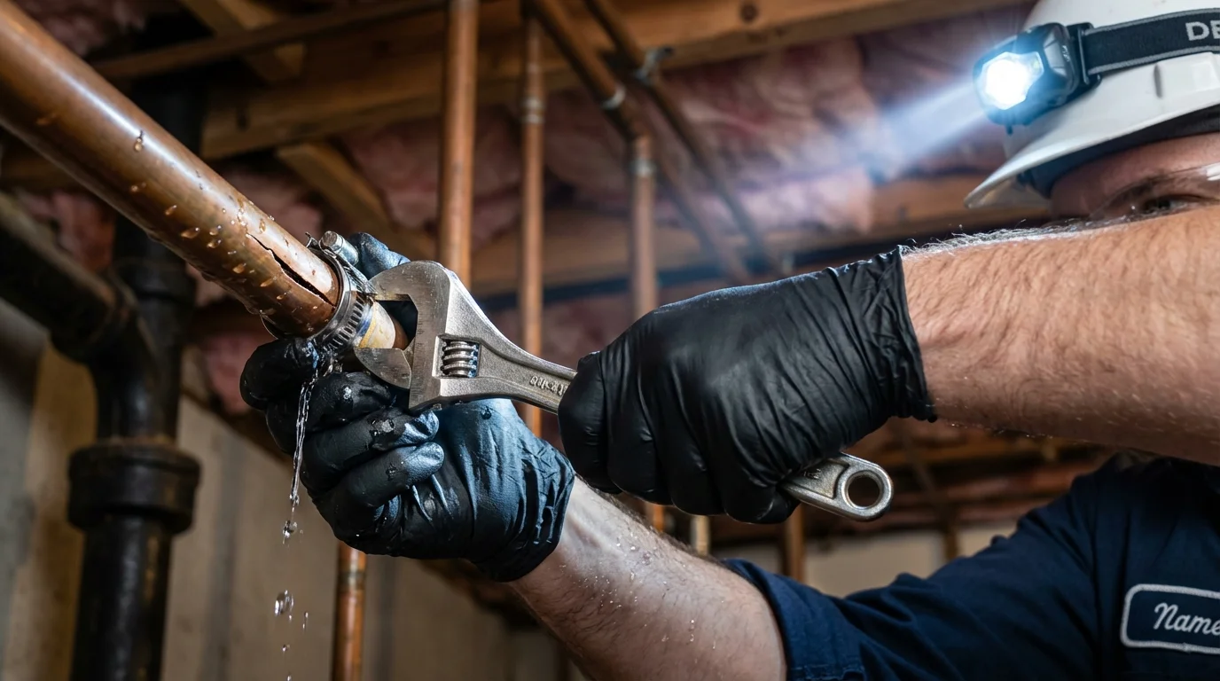 Emergency pipe clamp repair being performed by a Johns Plumbing LLC plumber in Crawfordsville