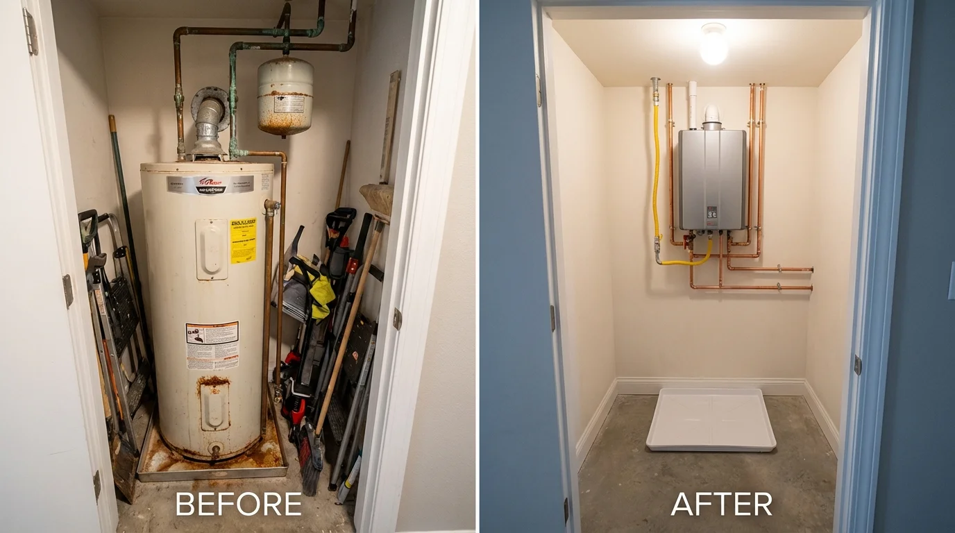 Tank water heater versus wall-mounted tankless unit comparison for Crawfordsville, IN homeowners