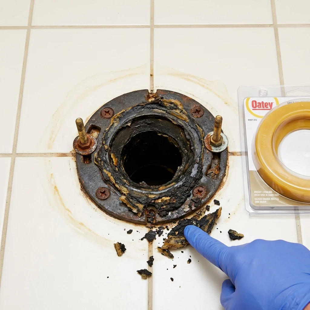 Failed wax ring showing water seepage at the base of a toilet in a Crawfordsville, IN home