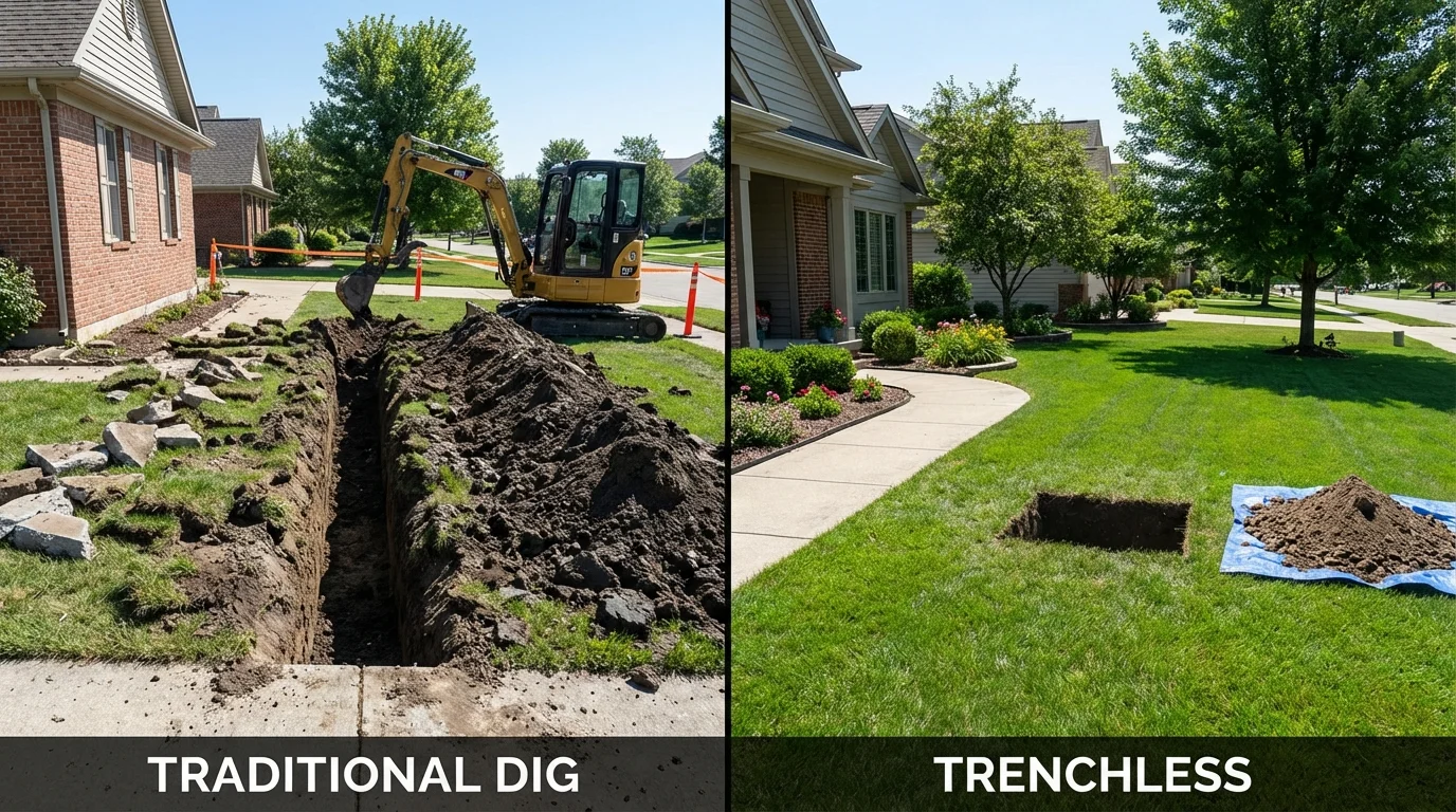 Trenchless sewer repair with minimal yard damage versus traditional excavation in Crawfordsville, IN