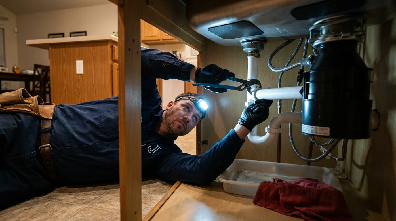 P-trap and supply line connections under a kitchen sink showing a common leak point in Crawfordsville, IN